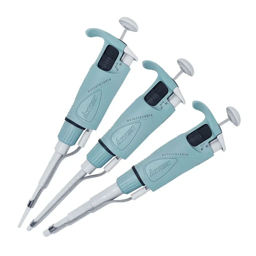 [AP-STR-KIT-1] Juego de 3 Micropipetas de Volumen Variable Totalmente Autoclavables y Accesorios Modelo Axypet Axygen (0 a 20 µL)