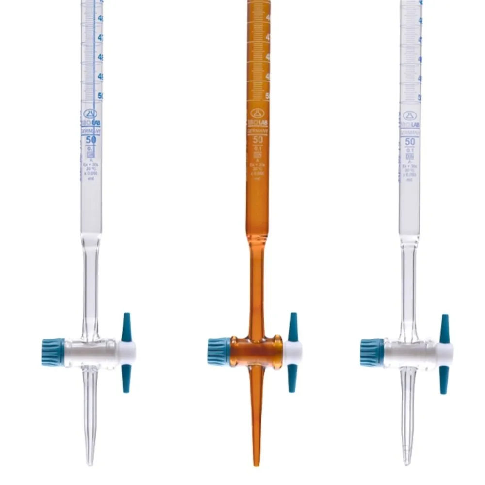 Bureta recta de vidrio 25ml banda azul, llave de ptfe clase a - Isolab