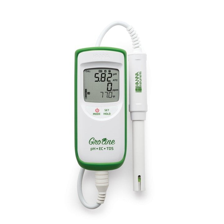 medidor portátil e impermeable de ph/ce/tds de la línea groline, útil para hidroponía.
