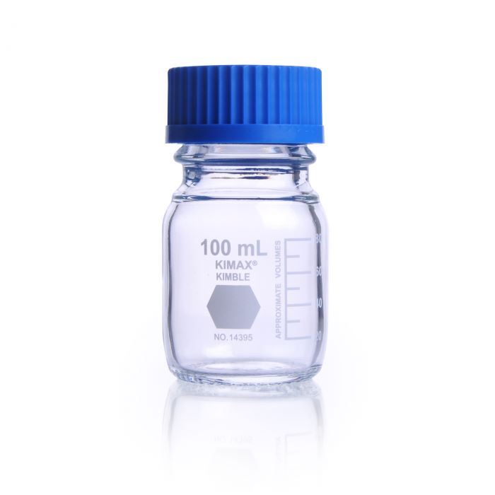 frasco de 100 ml para laboratorio gl 45 c/ tapa  (azul) y anillo de polipropileno Kimax