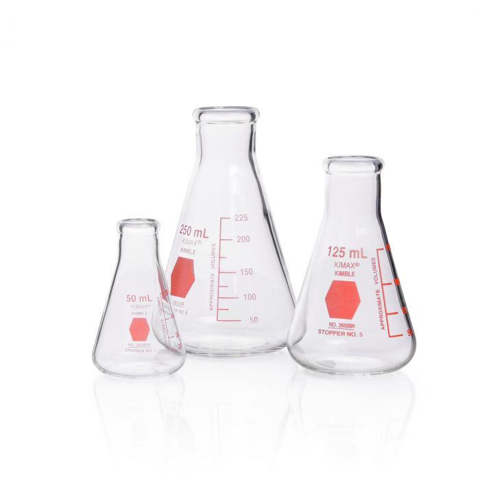 matraz erlenmeyer, graduado, decorado rojo  500 ml Kimax