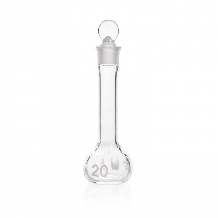 matraz vol claro hd, clase "a"  boca ancha, tapon vidrio, certificado individual 20 ml Kimax