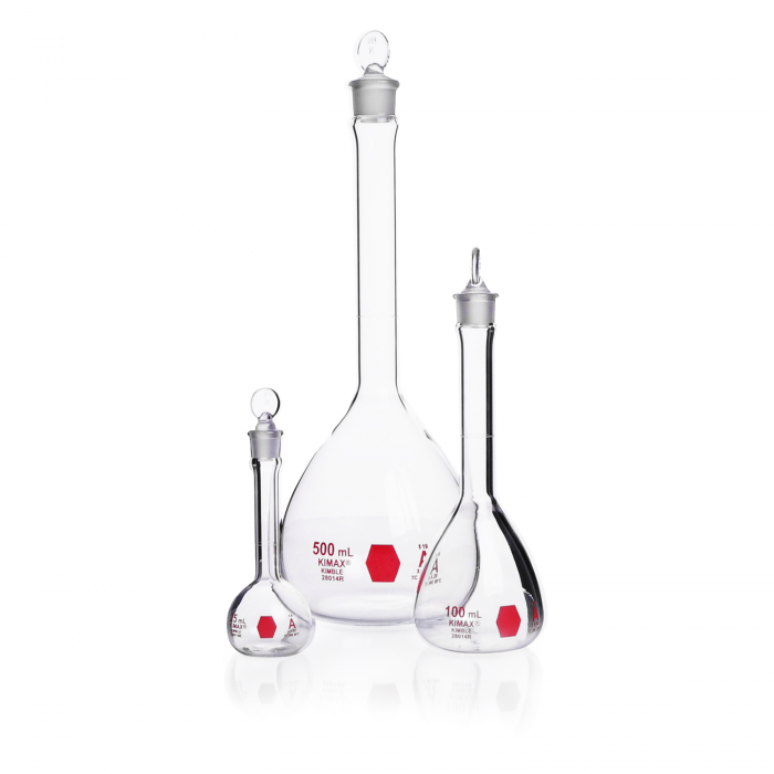 matraz vol."a", tapón vidrio decorado rojo 25 ml Kimax