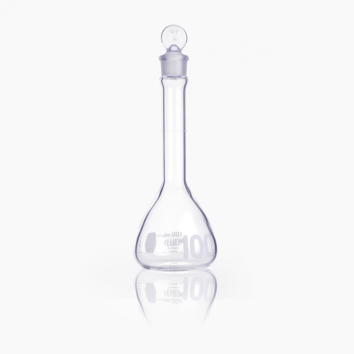 matraz volumétrico "a", pared reforzada, boca ancha, tapón vidrio 100 ml Kimax