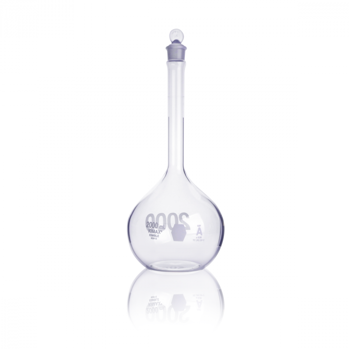 matraz volumétrico "a", pared reforzada, boca ancha, tapón vidrio 2000 ml Kimax