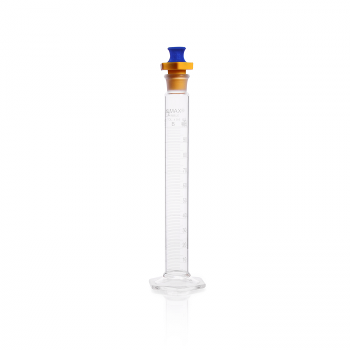 probeta, p.c., "b" (mezcladora) base hex. vidrio, tapón polietileno (pe) base hex. vidrio  100 ml Kimax