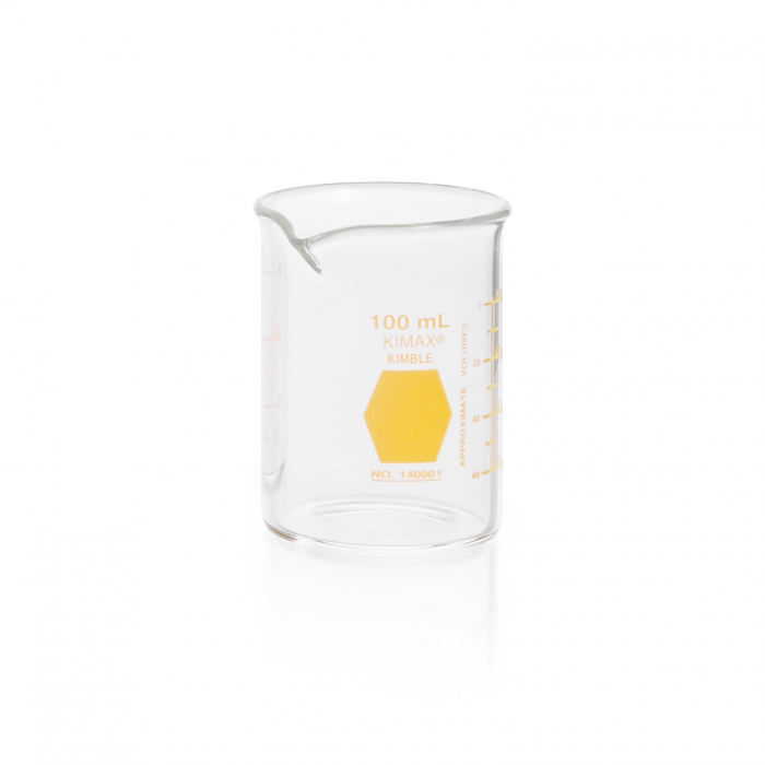 [14000Y-100] vaso de precipitado,regular, forma baja decorado en amarillo graduado 100 ml Kimax