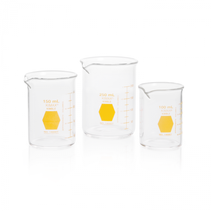 vaso de precipitado,regular, forma baja decorado en amarillo graduado 50 ml Kimax