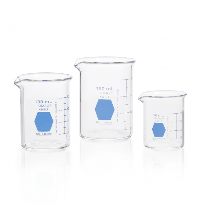 vaso de precipitado,regular, forma baja decorado en azul graduado 600 ml Kimax