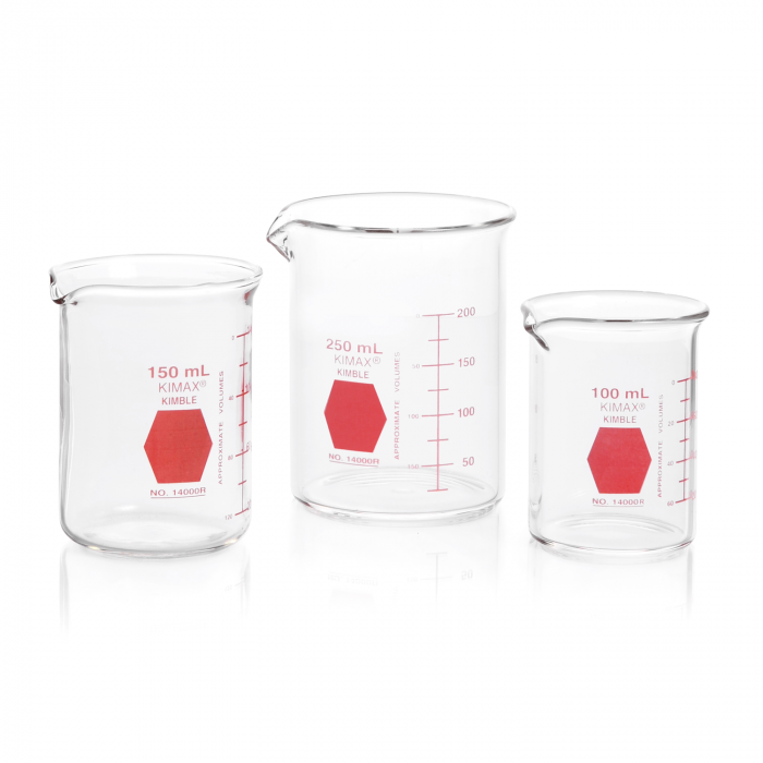 vaso de precipitado,regular, forma baja decorado en rojo graduado 1000 ml Kimax