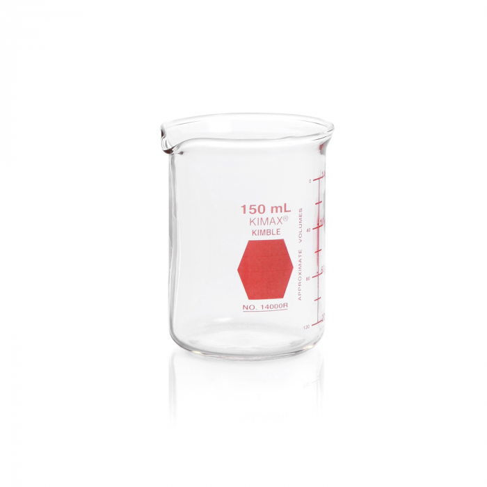 vaso de precipitado,regular, forma baja decorado en rojo graduado 150 ml Kimax