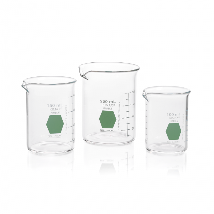 vaso de precipitado,regular, forma baja decorado en verde graduado 1000 ml Kimax