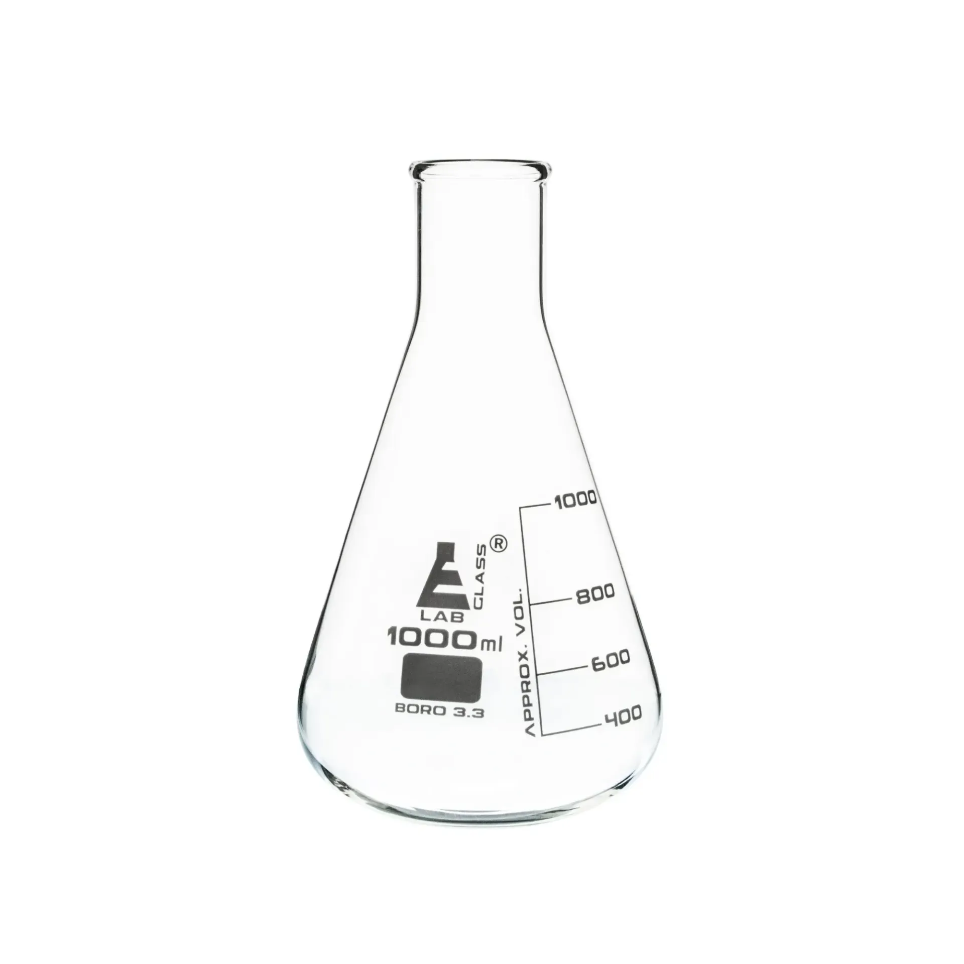 Matraz Erlenmeyer de 1000 ml de Vidrio Borosilicato con Cuello Estrecho Eisco