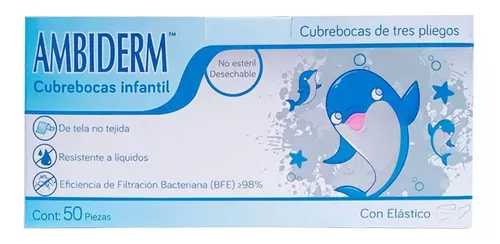 [QSAB-300112290] cubrebocas de 3 pliegos infantil c/elastico blanco con delfines caja c/50 pzas / ambiderm