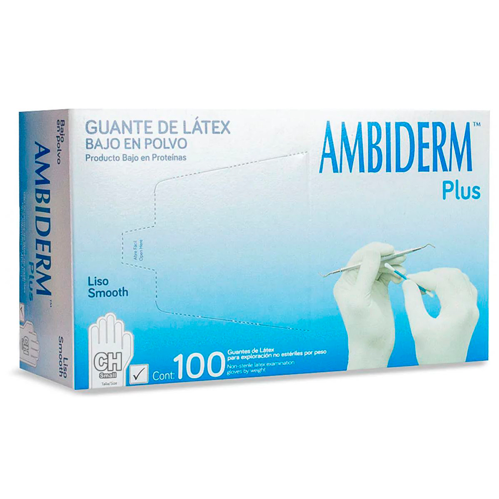 guante latex esteril bajo en polvo liso blanco mediano / caja c/100 pzas / ambiderm