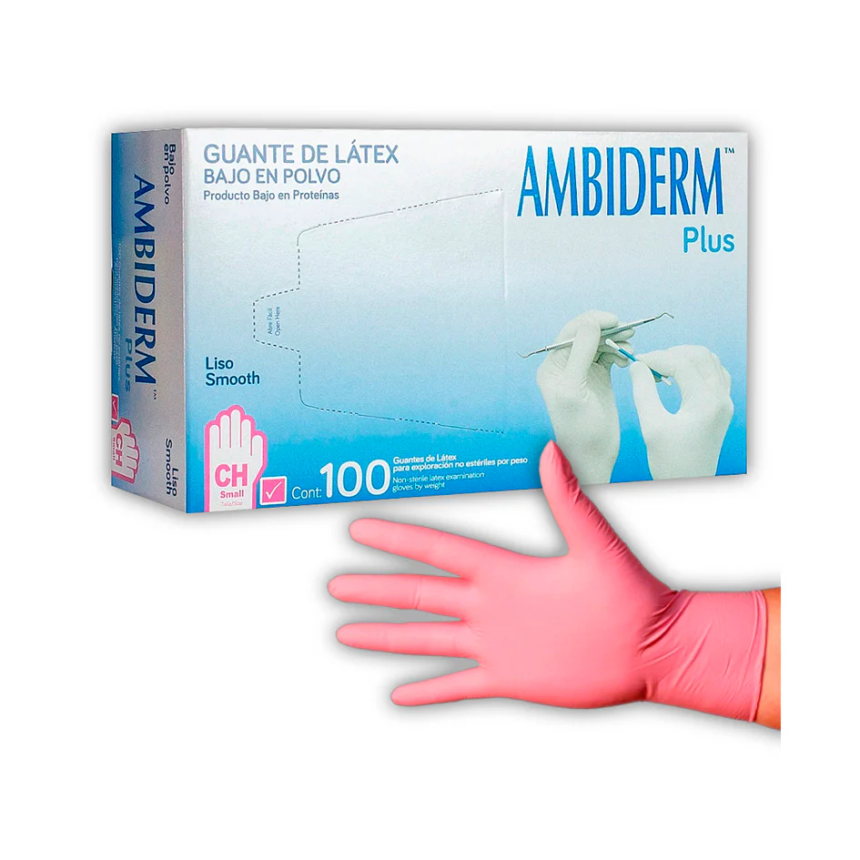 guante latex plus bajo en polvo liso rosa chico / caja c/100 pzas / ambiderm