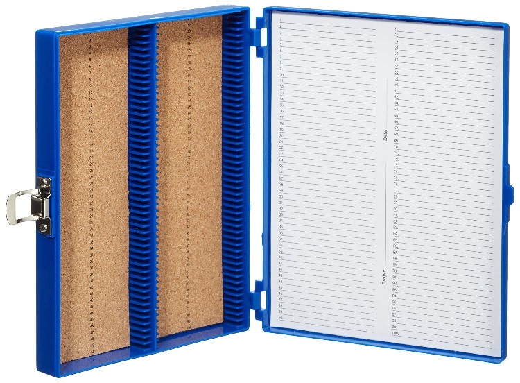 caja pp azul para 100 portaobjetos. heathrow scientific