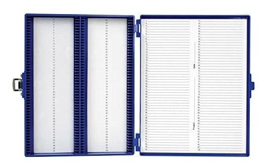 caja de plastico azul para 100 portaobjetos. heathrow scientific