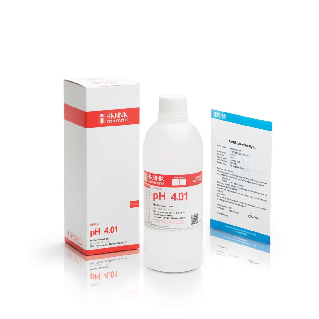 Solución de calibración de pH 4.01 " 25°C con certificado de análisis, frasco de 500 mL