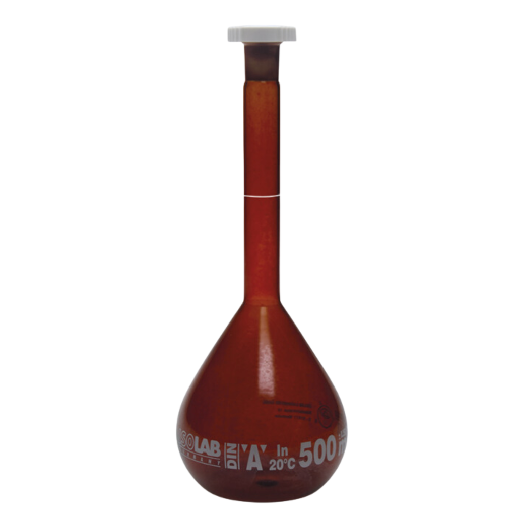 Matraz Volumétrico (Aforado) Vidrio Ámbar 500 ml Clase A ISOLAB - 014.01.500