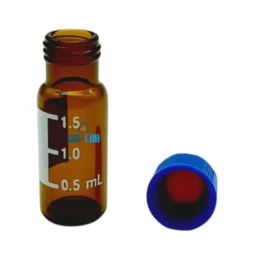 Vial ámbar 2 mL con banda para escribir, rosca 9-425, tapa azul (c/100) – Luzeren