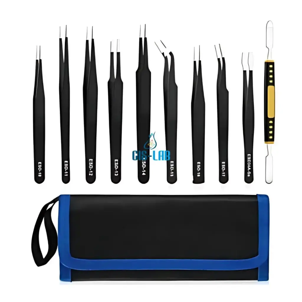 [LUZ-1533] Set 10 pinzas ESD punta fina + espátula doble – Negro (Luzeren)