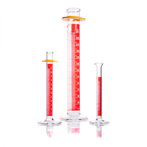 [20024D-25] probeta, p.e., "b" esc métrica c/banda roja contraste, base hex. vidrio, c/ bumper 25 ml Kimax