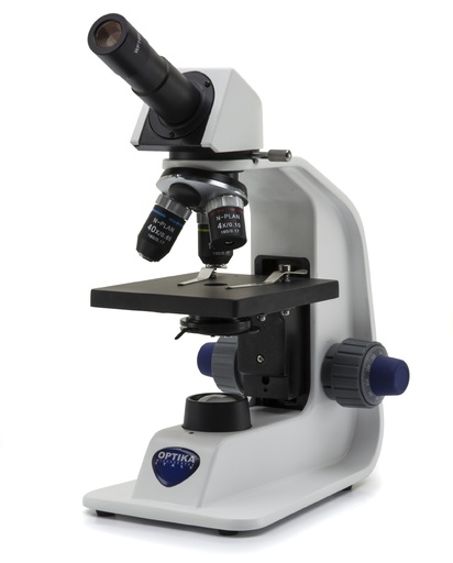 [B-151R-PL] Microscopio Monocular B-151R-PL – 400x, PLAN, Batería Recargable, Enchufe Múltiple - Optika