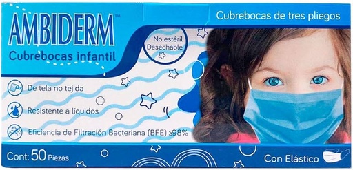 [QSAB-300112030] cubrebocas de 3 pliegos infantil c/elastico azul caja c/50 pzas / ambiderm
