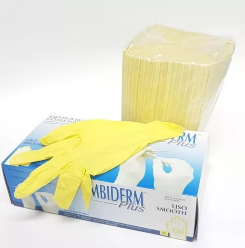 [QSAB-100100082] guante latex plus bajo en polvo liso amarillo chico / caja c/100 pzas / ambiderm