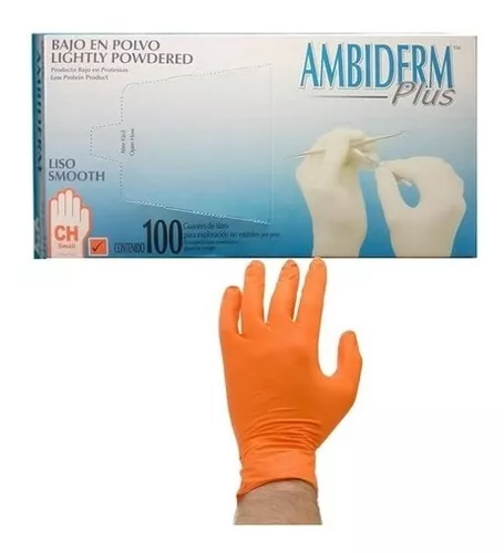 [QSAB-100100102] guante latex plus bajo en polvo liso naranja chico / caja c/100 pzas / ambiderm