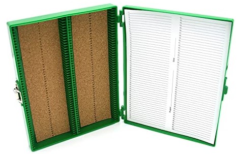 [HS15994B] caja de plastico verde para 100 portaobjetos. heathrow scientific