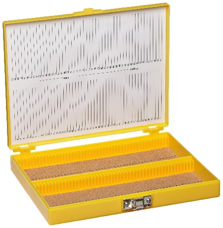 [HS15994D] caja pp amarilla para 100 portaobjetos. heathrow scientific