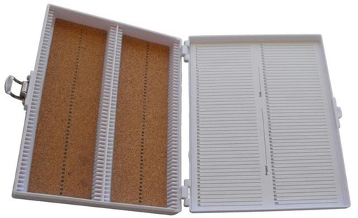 [HS15994E] caja de plastico para 100 portaobjetos. heathrow scientific