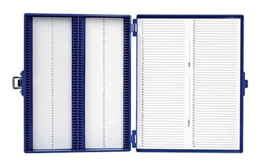 [HS15994M] caja de plastico azul para 100 portaobjetos. heathrow scientific