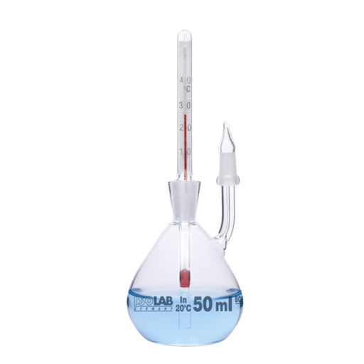 [023.03.100] Frasco de Densidad Calibrado con Termómetro 100 ml, Vidrio Según ISO 3507, Isolab